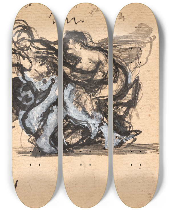 Triptych art skateboard deck of Oluf Hartmann Studie Til To Kvinder Sls Om En Mand_1 by Oluf Hartmann (1879-1910)