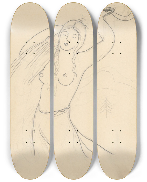Triptych art skateboard deck of Mikul Galanda A Girl With A Sickle by Mikulas Galanda (1895-1938)