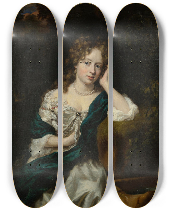 Triptych art skateboard deck of Nicolaes Maes Portrait Of A Lady Seated By A Fountain by Nicolaes Maes (1634-1693)