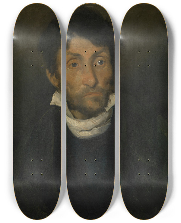 Triptych art skateboard deck of Thodore Gricault Portrait Of A Kleptomaniac by Theodore Gericault (1791-1824)