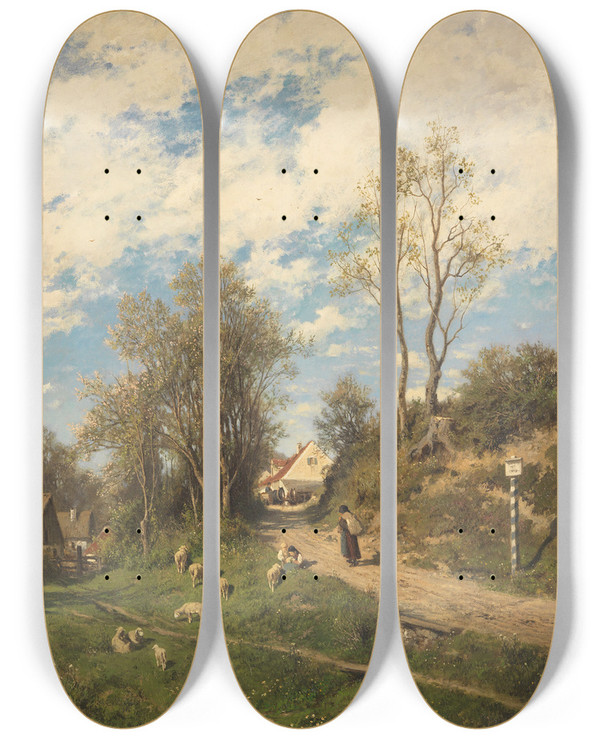 Triptych art skateboard deck of Adolf Heinrich Lier Frhlingsmorgen by Adolf Heinrich Lier (1826-1882)