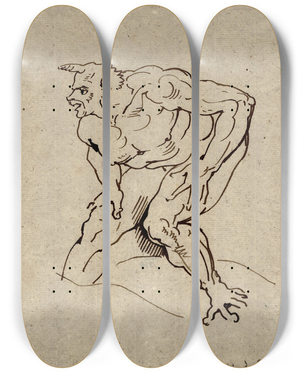 Triptych art skateboard deck of David Humbert De Superville Duivel by David Humbert De Superville (1770-1849)