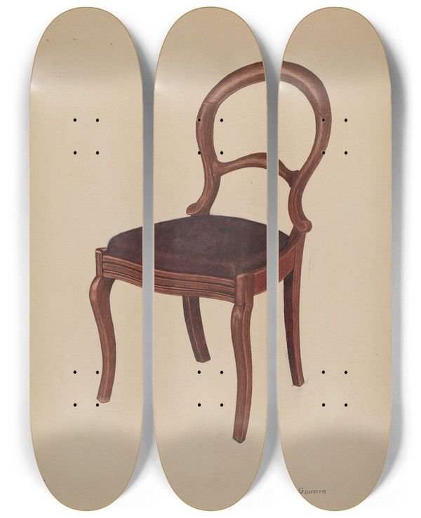 Triptych art skateboard deck of Leroy Griffith Parlor Chair by Leroy Griffith