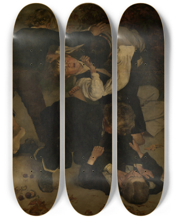 Triptych art skateboard deck of Hans Thoma Raufende Buben by Hans Thoma (1839-1924)