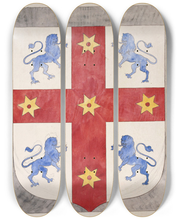 Triptych art skateboard deck of Prosper Lafaye Projet De Vitrail Civil Blason by Prosper Lafaye (1806-1883)