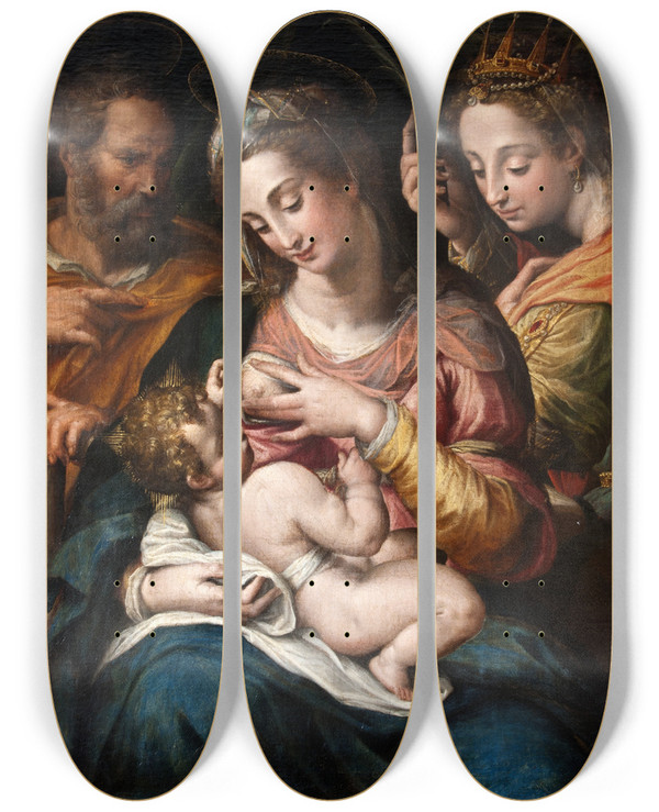 Triptych art skateboard deck of Giulio Cesare Procaccini The Holy Family With St Catherine by Giulio Cesare Procaccini (1574-1625)