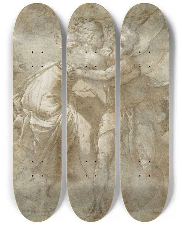 Triptych art skateboard deck of Taddeo Zuccaro Joseph And Potiphars Wife by Taddeo Zuccaro (1529-1566)