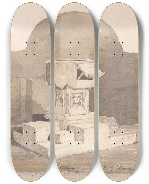 Triptych art skateboard deck of John Sell Cotman Font At Dersingham Church Norfolk by John Sell Cotman (1782-1842)