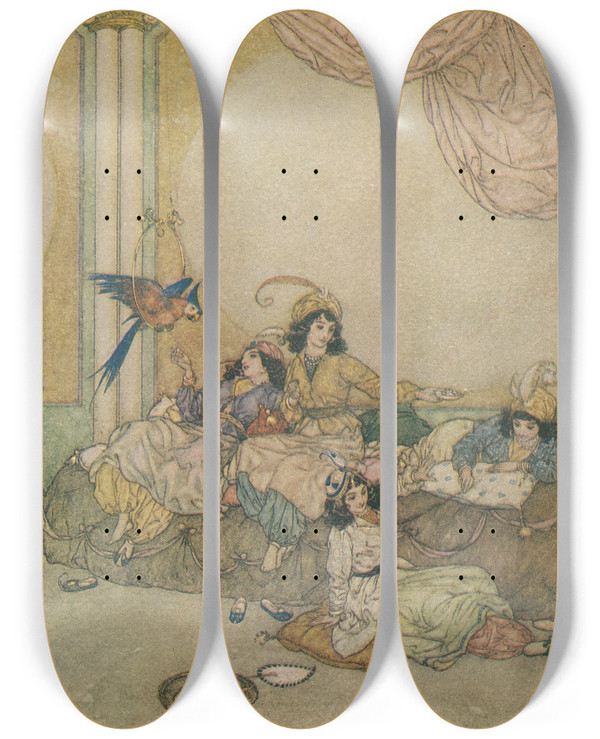 Triptych art skateboard deck of Edmund Dulac They Overran The House Without Loss Of Time_1 by Edmund Dulac (1882-1953)