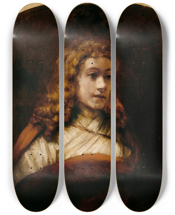 Triptych art skateboard deck of Follower Of Rembrandt Van Rijn Bust Of A Youth by Follower of Rembrandt van Rijn (1606-1669)
