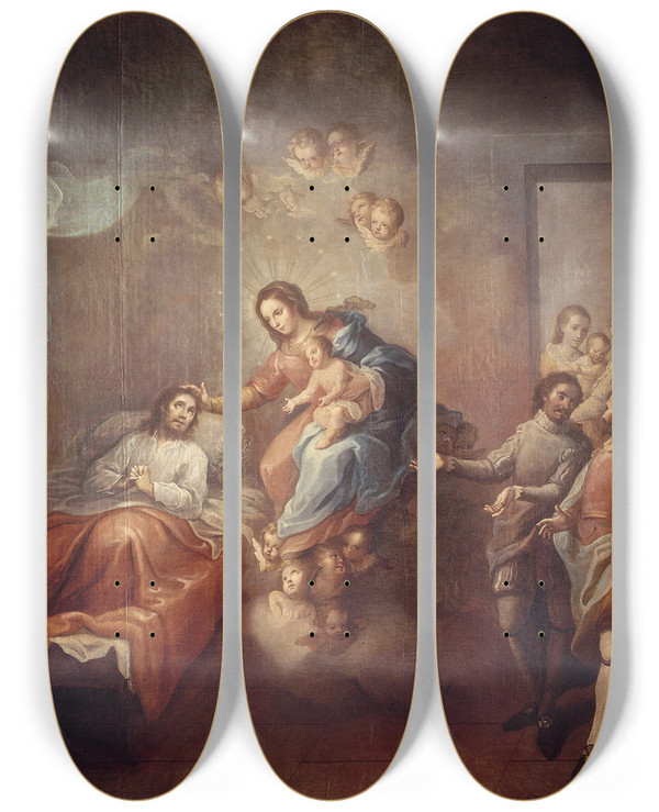 Triptych art skateboard deck of Miguel Cabrera The Conversion Of Saint Ignatius Loyola by Miguel Cabrera (1695-1768)