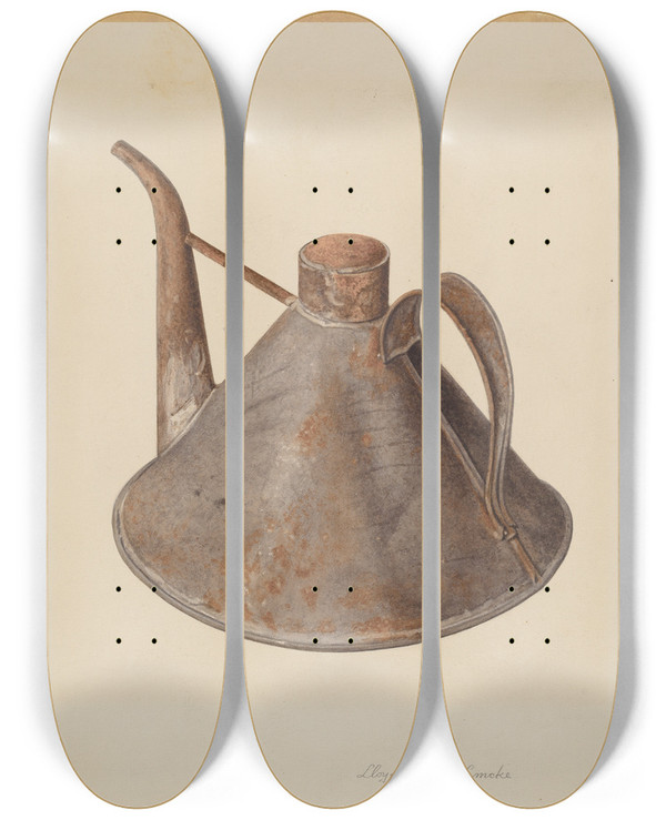 Triptych art skateboard deck of Lloyd Charles Lemcke Spouted Oil Can by Lloyd Charles Lemcke