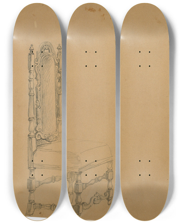 Triptych art skateboard deck of Johann Peter Krafft Studie Einer Sessellehne_1 by Johann Peter Krafft (1780-1856)