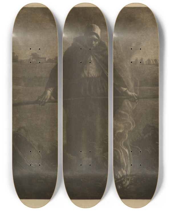 Triptych art skateboard deck of William Strang Woman Burning Weeds by William Strang (1859-1921)
