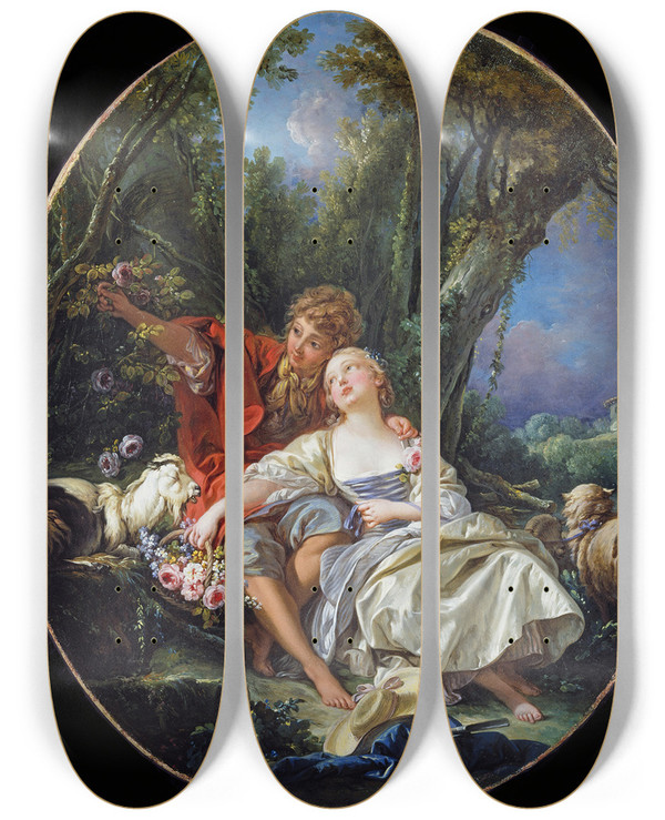 Triptych art skateboard deck of Franois Boucher Shepherd And Shepherdess Reposing by Francois Boucher (1703-1770)