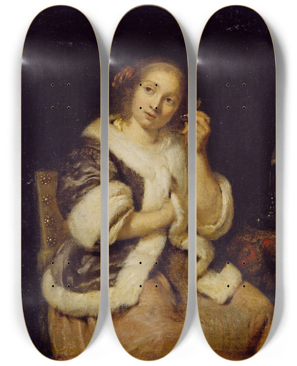 Triptych art skateboard deck of Caspar Netscher Lady With A Watch by Caspar Netscher (1639-1684)