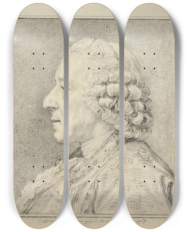 Triptych art skateboard deck of Charles Nicolas Cochin Ii Bust Of A Man In Profile To The Left by Charles Nicolas Cochin Ii (1715-1790)