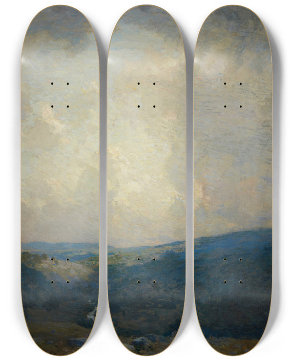 Triptych art skateboard deck of William Langson Lathrop Breaking Clouds Delaware Valley by William Langson Lathrop (1859-1938)