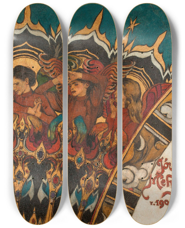 Triptych art skateboard deck of Jzef Mehoffer Three Angels by Jozef Mehoffer (1869-1946)