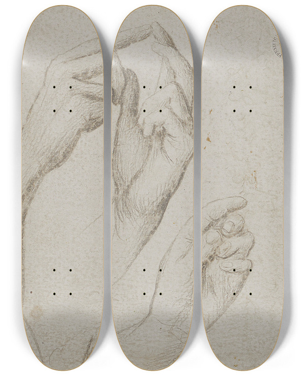 Triptych art skateboard deck of Hans Holbein The Elder Studienblatt Mit Drei Hnden by Hans Holbein The Elder (1460-1524)
