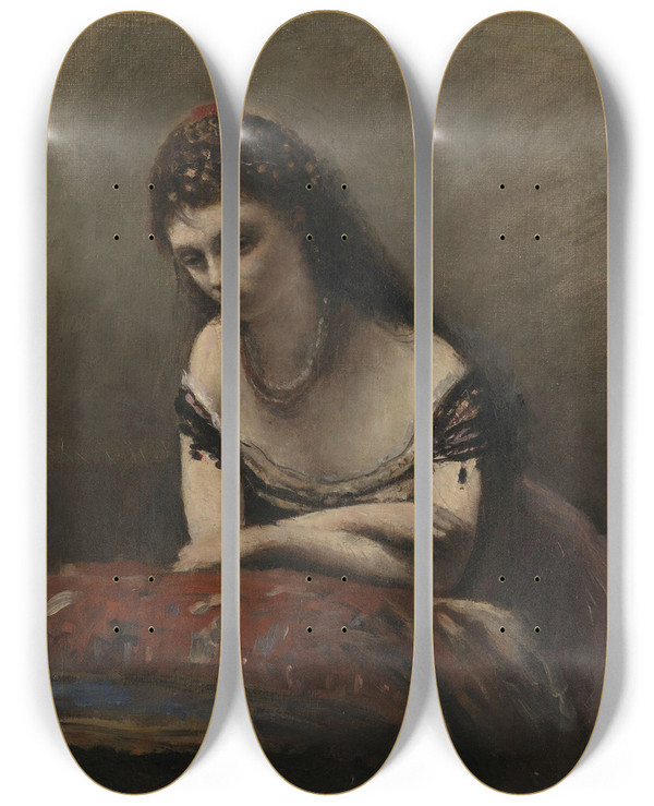 Triptych art skateboard deck of Jeanbaptistecamille Corot Young Woman Leaning On A Cushion by Jean-Baptiste-Camille Corot (1796-1875)