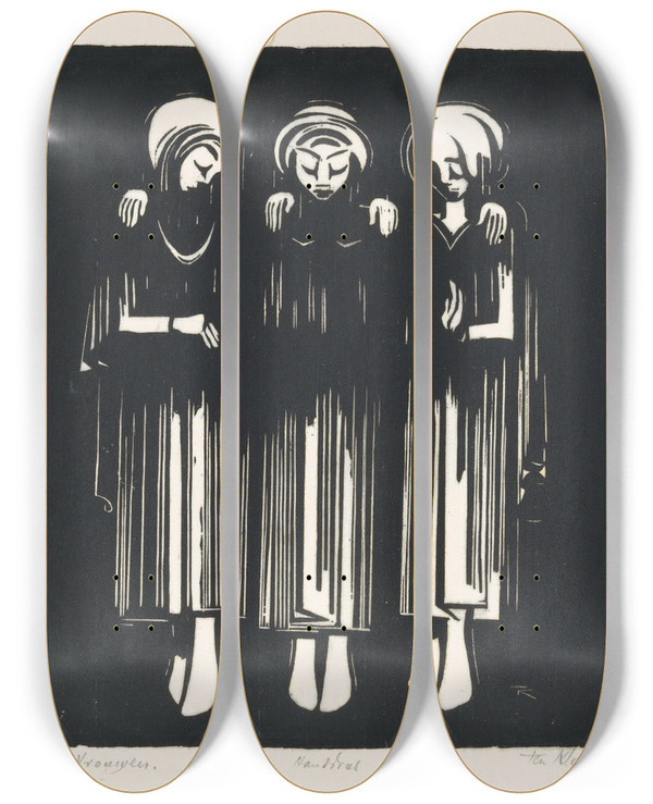 Triptych art skateboard deck of Johannes Frederik Engelbert Ten Klooster Drie Vrouwen by Johannes Frederik Engelbert Ten Klooster (1873-1940)