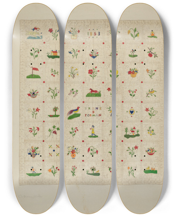 Triptych art skateboard deck of Catherine Fowler Bedspread by Catherine Fowler