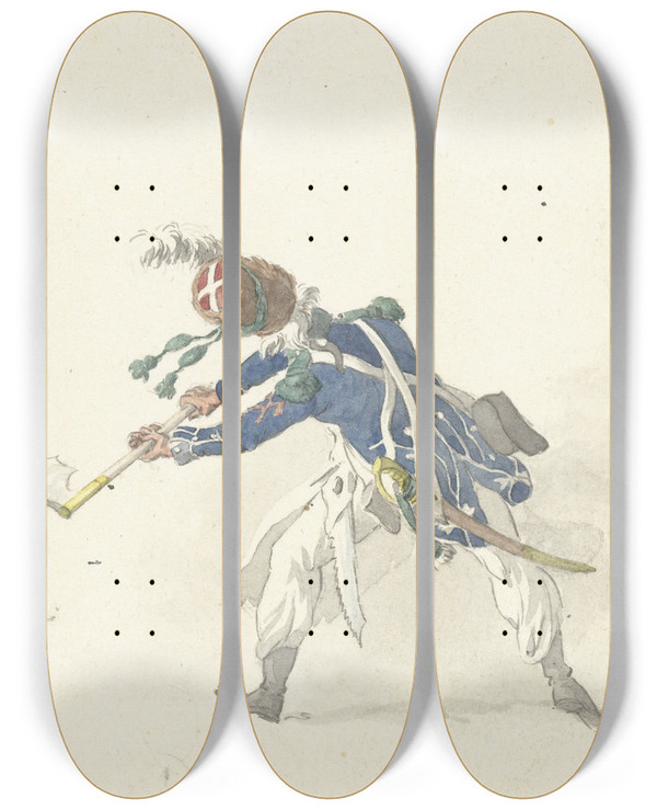 Triptych art skateboard deck of Dirk Langendijk Militair Zwaaiend Met Een Bijl by Dirk Langendijk (1748-1805)