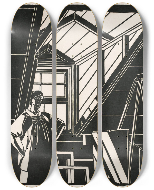 Triptych art skateboard deck of Mildred Mcmillen The Attic Window by Mildred Mcmillen (1884-1940)