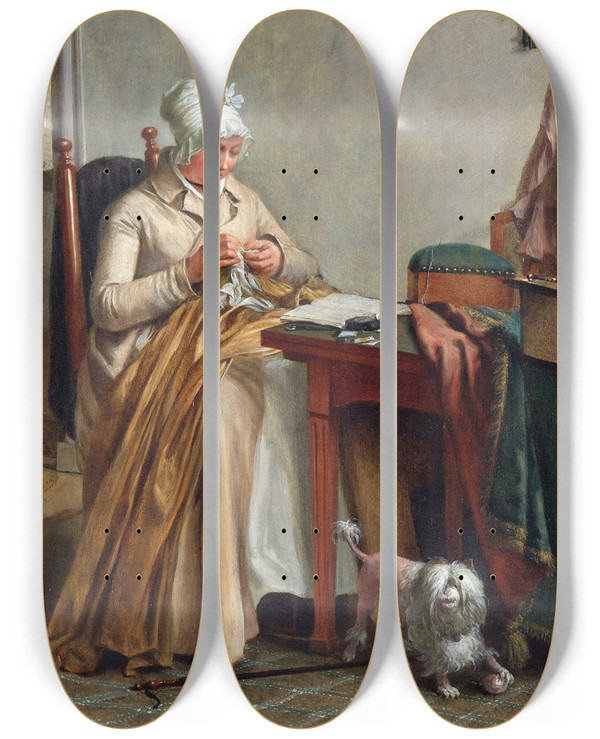 Triptych art skateboard deck of Wybrand Hendriks Interior With Woman Sewing_1 by Wybrand Hendriks (1744-1831)