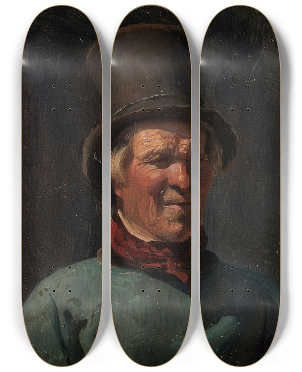 Triptych art skateboard deck of Adolph Tidemand Man With Hat by Adolph Tidemand (1814-1876)