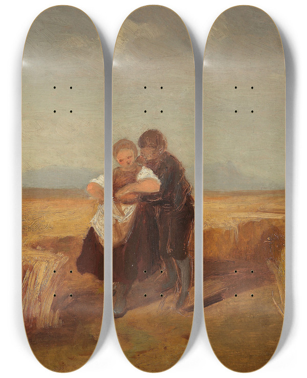 Triptych art skateboard deck of Carl Spitzweg Bub Und Mdchen Im Kornfeld by Carl Spitzweg (1808-1880)