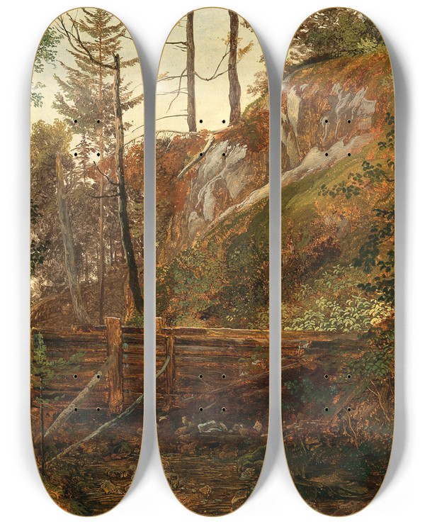 Triptych art skateboard deck of Friedrich August Matthias Gauermann The Weir Near Miesenbach by Friedrich August Matthias Gauermann (1807-1862)