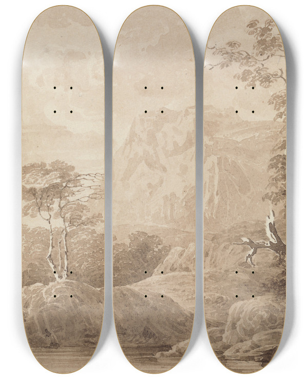 Triptych art skateboard deck of John Martin Rocky River Landscape by John Martin (1789-1854)