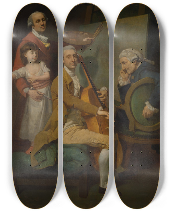 Triptych art skateboard deck of Johan Joseph Zoffany Selfportrait With His Daughter Maria Theresa James Cervetto And Giacobbe Cervetto by Johan Joseph Zoffany (1733-1810)