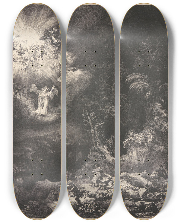 Triptych art skateboard deck of Rembrandt Van Rijn The Angel Appearing To The Shepherds_1 by Rembrandt Van Rijn (1606-1669)