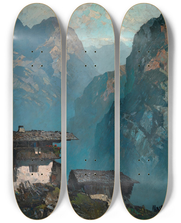 Triptych art skateboard deck of Oskar Mulley Lonely Farmhouse Amidst Mountains by Oskar Mulley (1891-1949)