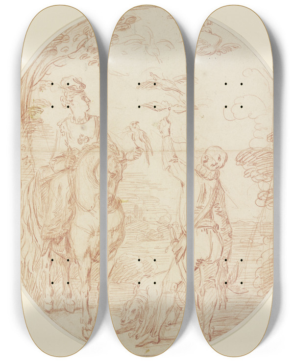 Triptych art skateboard deck of Charles Parrocel Falkenjgerin Zu Pferde Mit Einem Diener Zu Fu by Charles Parrocel (1688-1752)