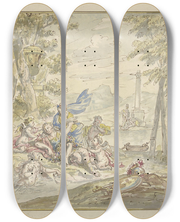 Triptych art skateboard deck of Elias Van Nijmegen Ontwerp Voor Een Kamerbeschildering Met Armida En Rinaldo by Elias Van Nijmegen (1667-1755)