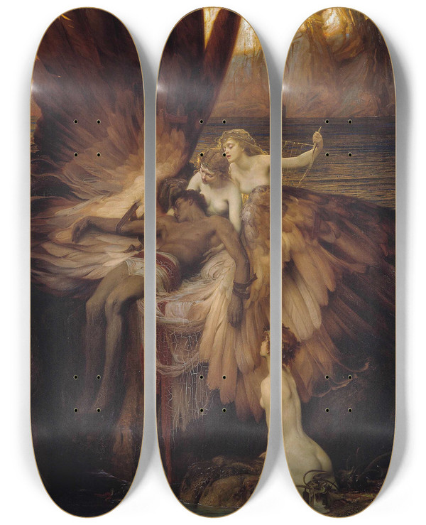 Triptych art skateboard deck of Herbert James Draper The Lament For Icarus by Herbert James Draper (1864-1920)