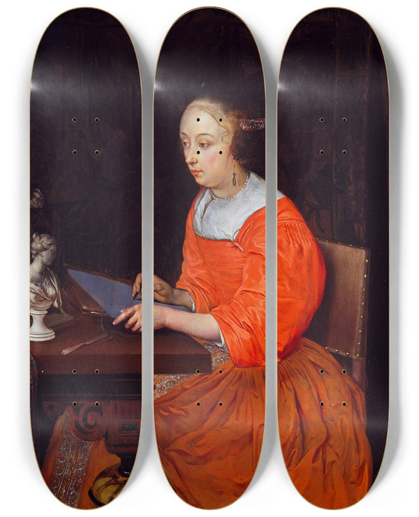 Triptych art skateboard deck of Eglon Van Der Neer A Lady Drawing by Eglon van der Neer (1635-1703)