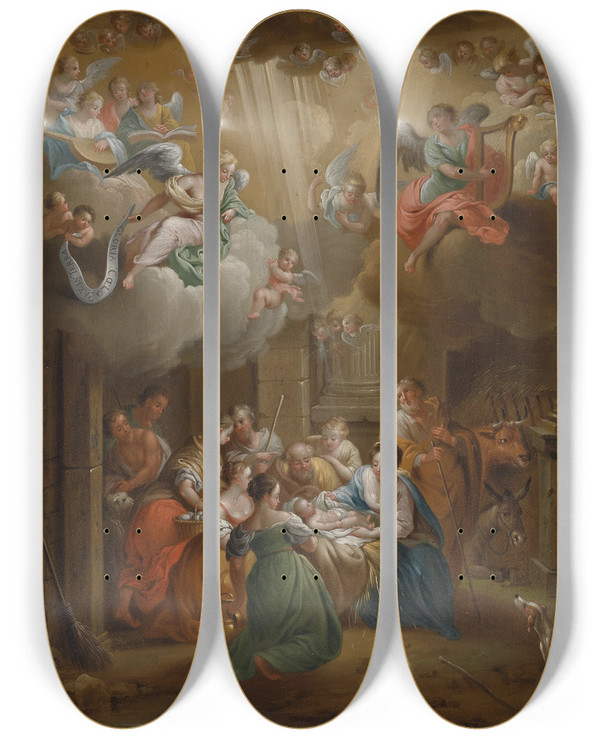 Triptych art skateboard deck of Franz Christoph Janneck Adoration Of The Shepherds by Franz Christoph Janneck (1703-1761)