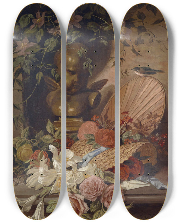 Triptych art skateboard deck of Edmund Von Wrndle Stillleben by Edmund Von Worndle (1827-1906)