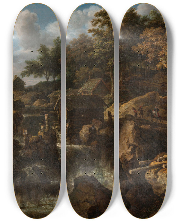 Triptych art skateboard deck of Allaert Van Everdingen Swedish Landscape With A Waterfall by Allaert Van Everdingen (1621-1675)