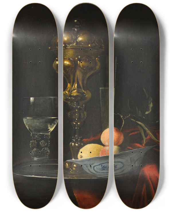 Triptych art skateboard deck of Christiaen Striep Still Life With A Gilt Cup On A Silver Plate A Porcelain Bowl With Fruit A Roemer And A Wine Glass All On A Wooden Table Draped In Red Fabric by Christiaen Striep