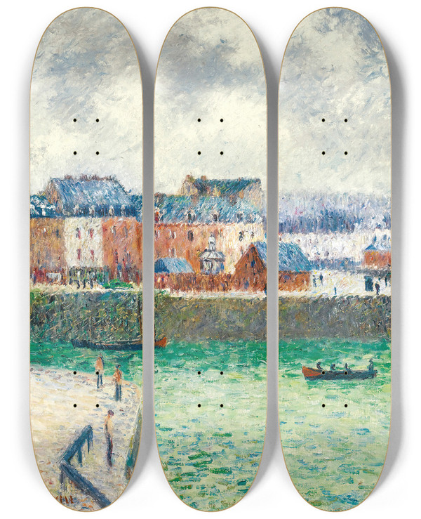 Triptych art skateboard deck of Gustave Loiseau Le Port Lavantport De Dieppe by Gustave Loiseau (1865-1935)