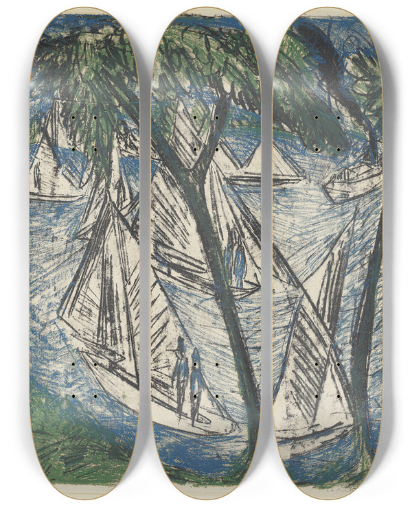 Triptych art skateboard deck of Ernst Ludwig Kirchner Segelboote Bei Grnau by Ernst Ludwig Kirchner (1880-1938)
