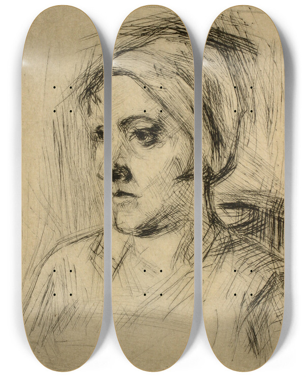 Triptych art skateboard deck of Henry Nielsen Kvindeportrt_2 by Henry Nielsen (1907-1937)