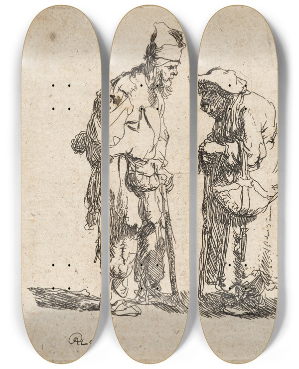 Triptych art skateboard deck of Rembrandt Van Rijn Beggar Man And Beggar Woman Conversing by Rembrandt Van Rijn (1606-1669)