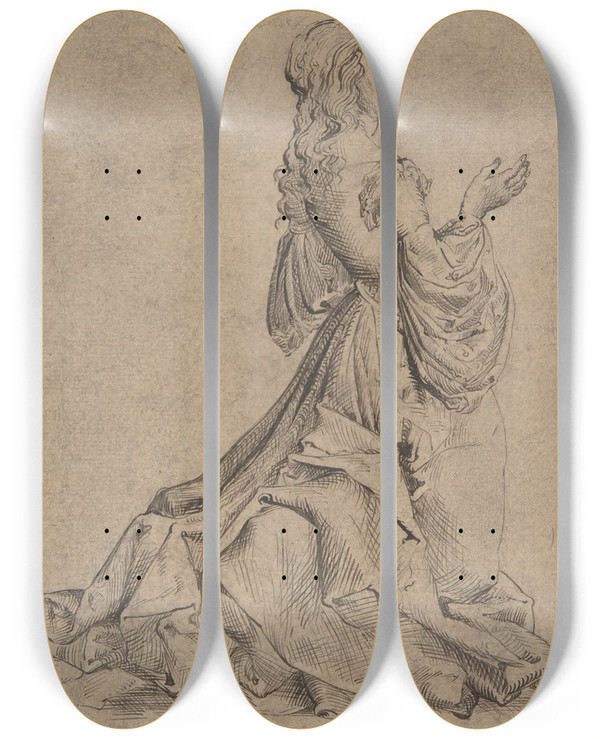 Triptych art skateboard deck of Master Mz Kneeling Female Figure by Master MZ